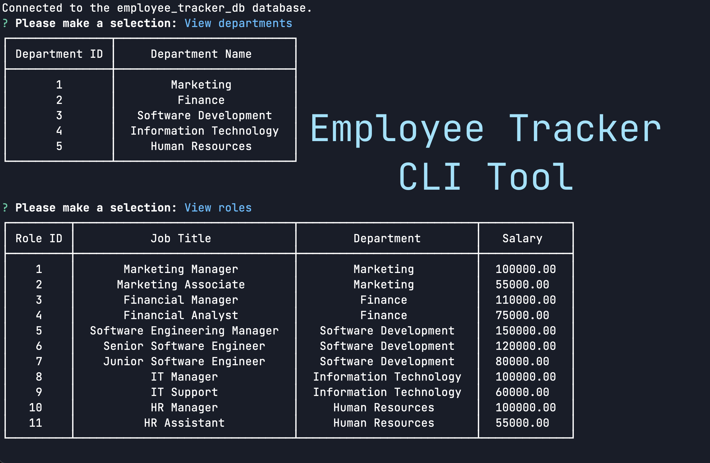 Employee Tracker CLI tool terminal window