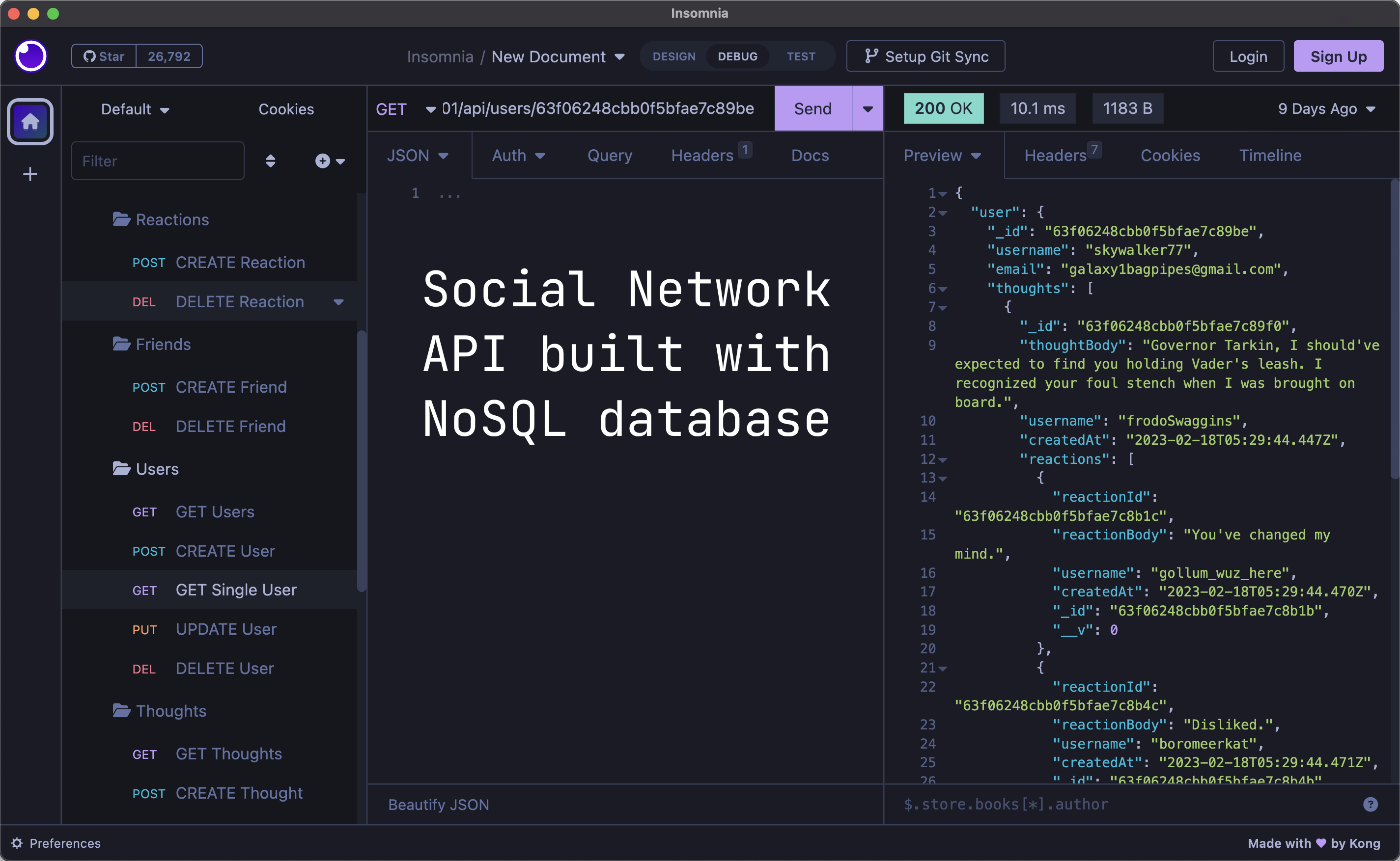 screenshot of social network API being tested in Insomnia
