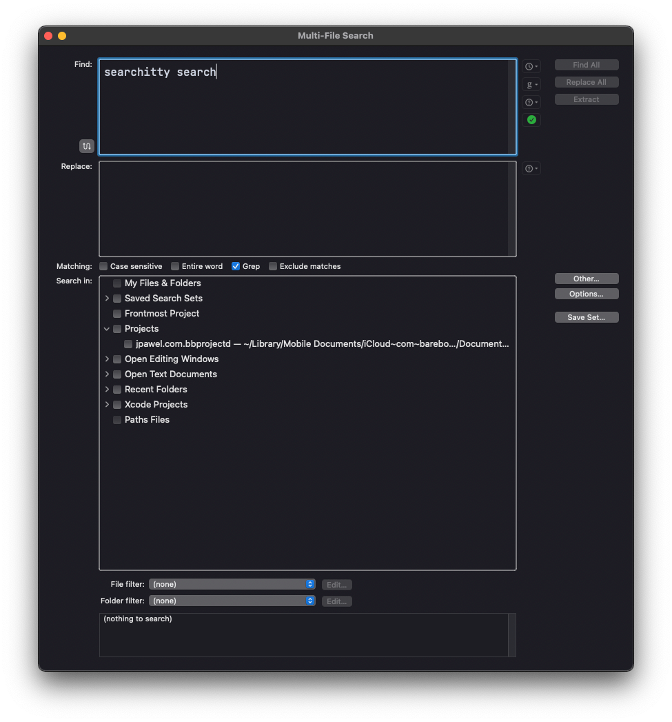 demonstrating multi-file search in BBEdit
