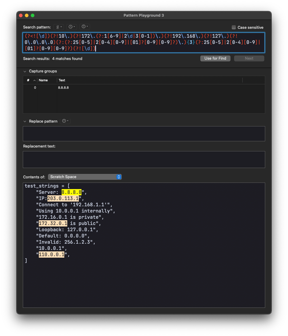 demonstrating BBEdit's pattern playground