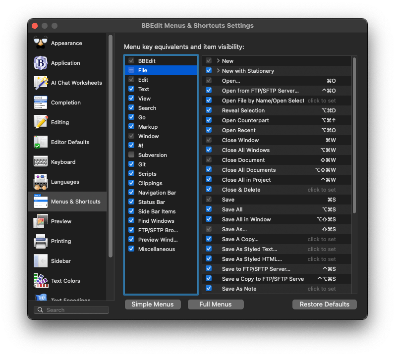 BBEdit Menus and Shortcuts Settings