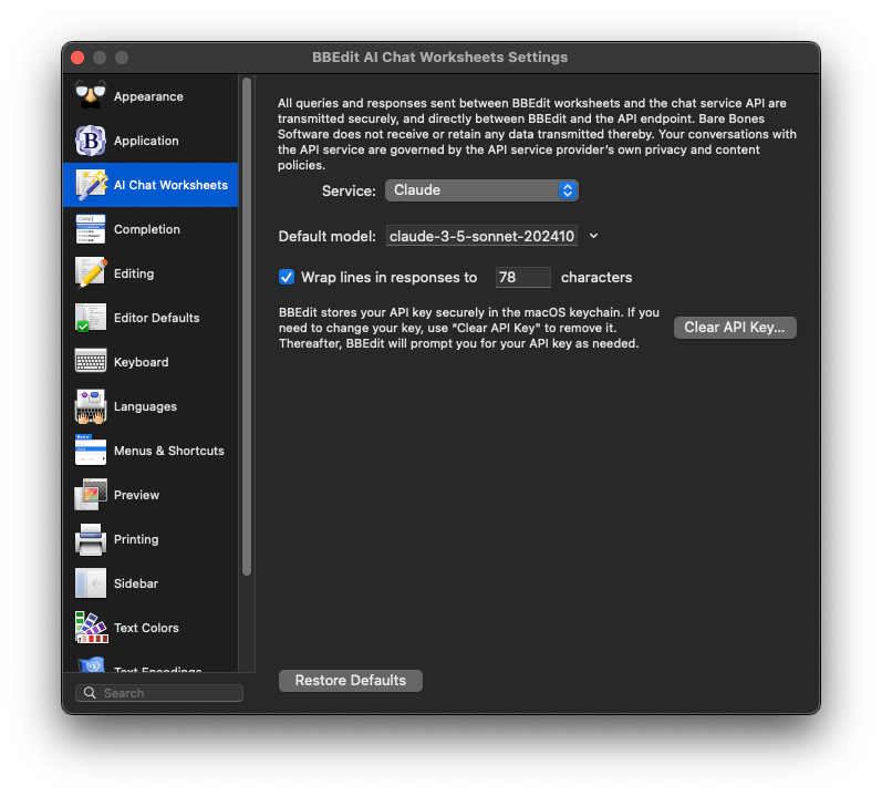 AI chat worksheet settings window